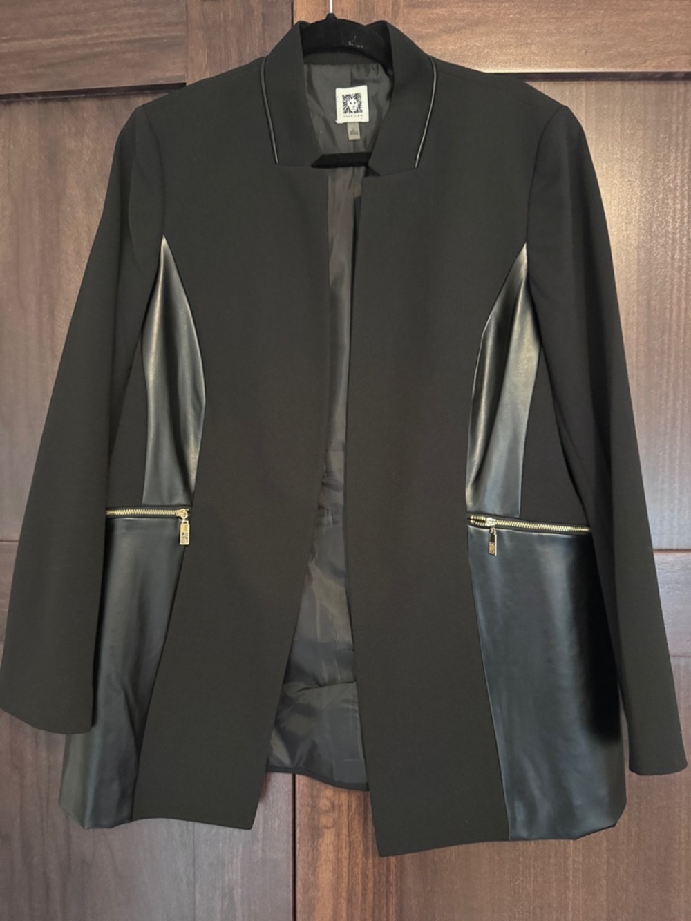 Anne Klein Black Open-Front Blazer with Faux-Leather Insets